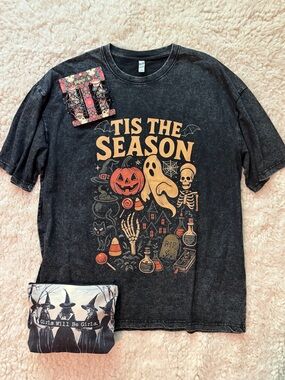 NEW Ghost Halloween T-Shirt Tee Piper K Spiderweb Hair Clips Witch Pouch Set XL